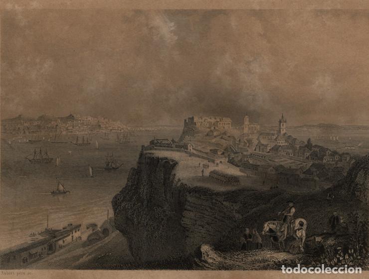 Arte: GRABADO AL ACERO DE 1842, VISTA DE LISBOA DESDE FORTE ALMADA, PORTUGAL. AUBERT P&Egrave;RE, MALTE-BRUN