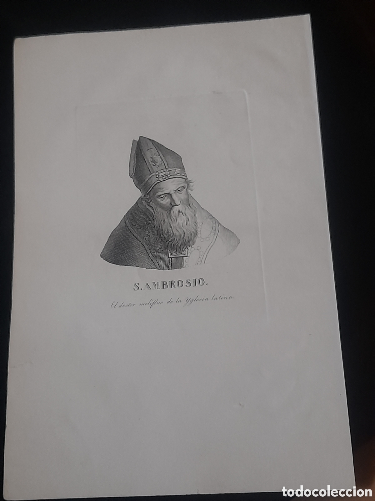 Arte: Antiguo grabado de San Ambrosio Melifluo de la iglesia Latina, mide 20,5x13,5cm