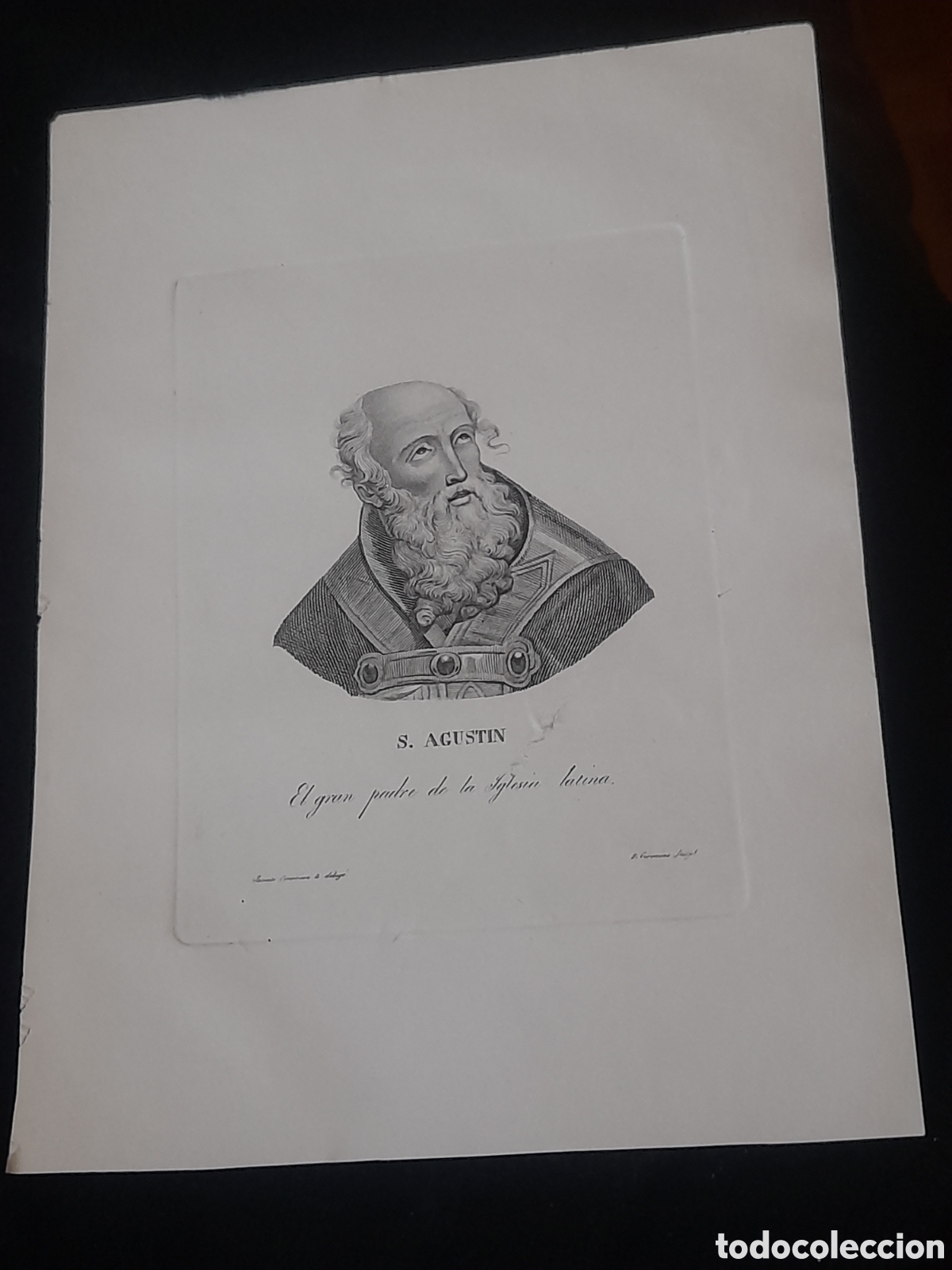 Arte: Antiguo grabado de San Agust&iacute;n, El Gran Padre de la Iglesia Latina, por J. COROMINA