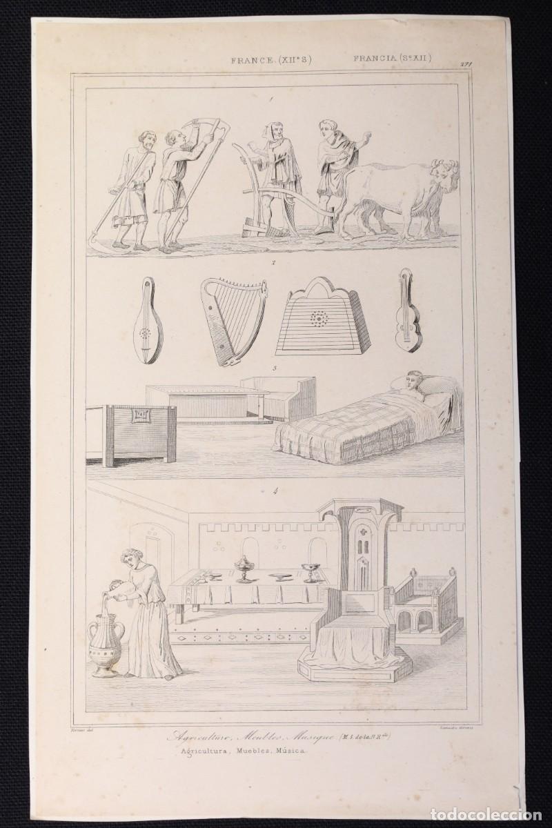 Kunst: Grabado Agricultura, muebles y m&uacute;sica. Francia S.XII. Engraving Agriculture, furniture and music.