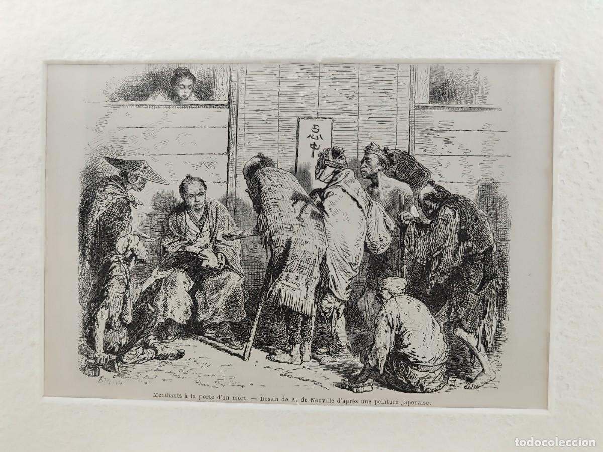 Art: Mendigos, Jap&oacute;n, de Neuville. Le tour du monde. s. XIX, montaje passepartout