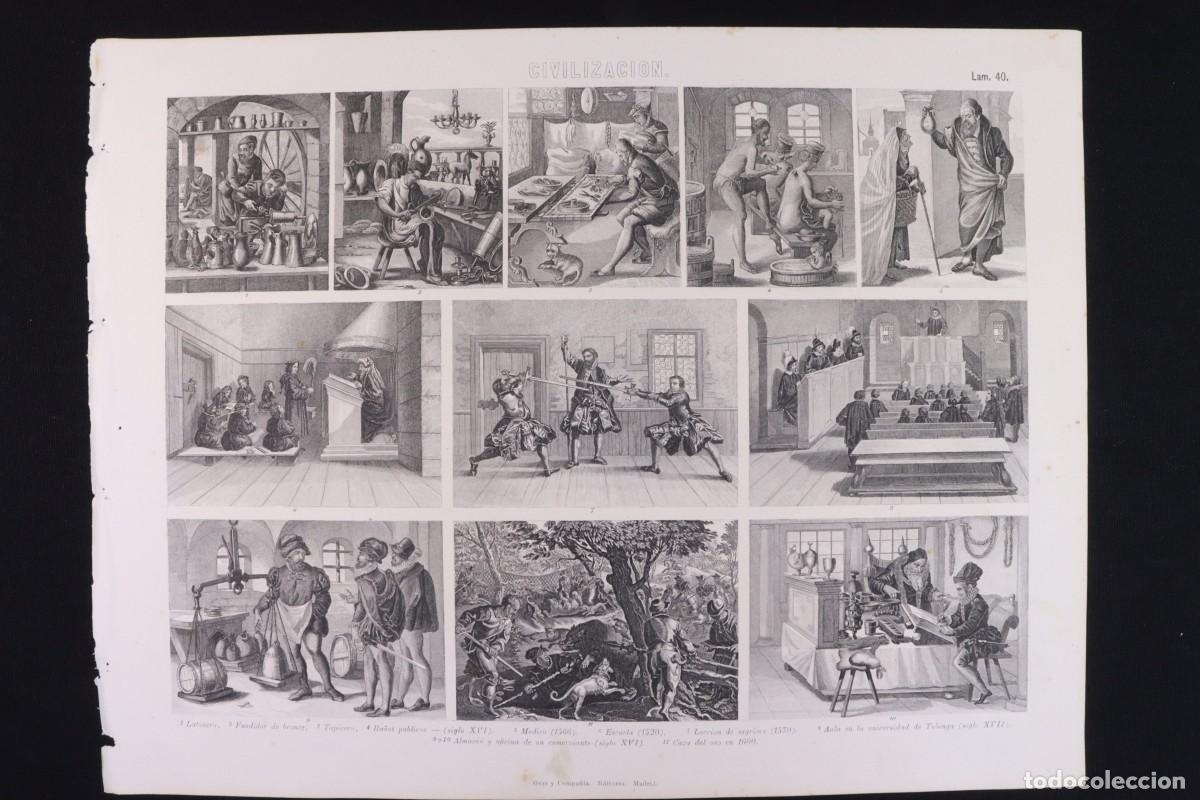 Arte: Grabado Civilizaci&oacute;n 40 Gras C&ordf; Salas antig&uuml;edad. Tapicero, escuela, m&eacute;dico, etc. S.XVI Engraving.