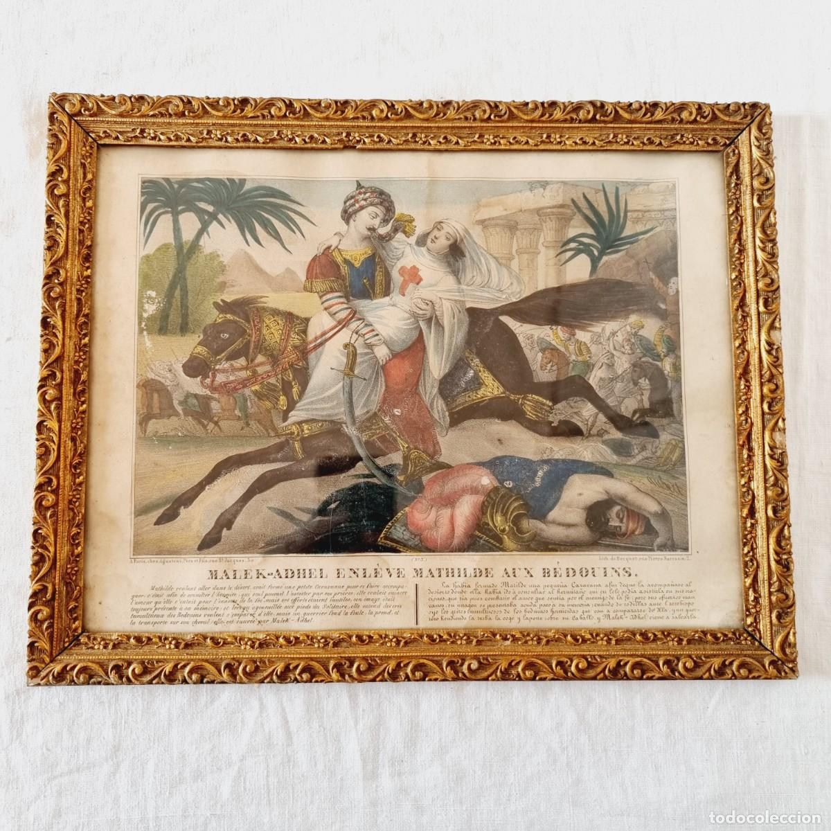 Arte: Cuadro antiguo de madera con Grabado del Segundo cuarto del S.XIX &rdquo;MALEK-ADHEL SECUESTA A MATHILDE D