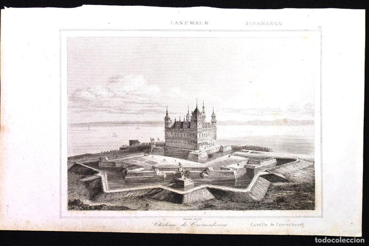 Art: Grabado Castillo de Cronenburg, en Dinamarca. Engraving Cronenburg Castle, Denmark.