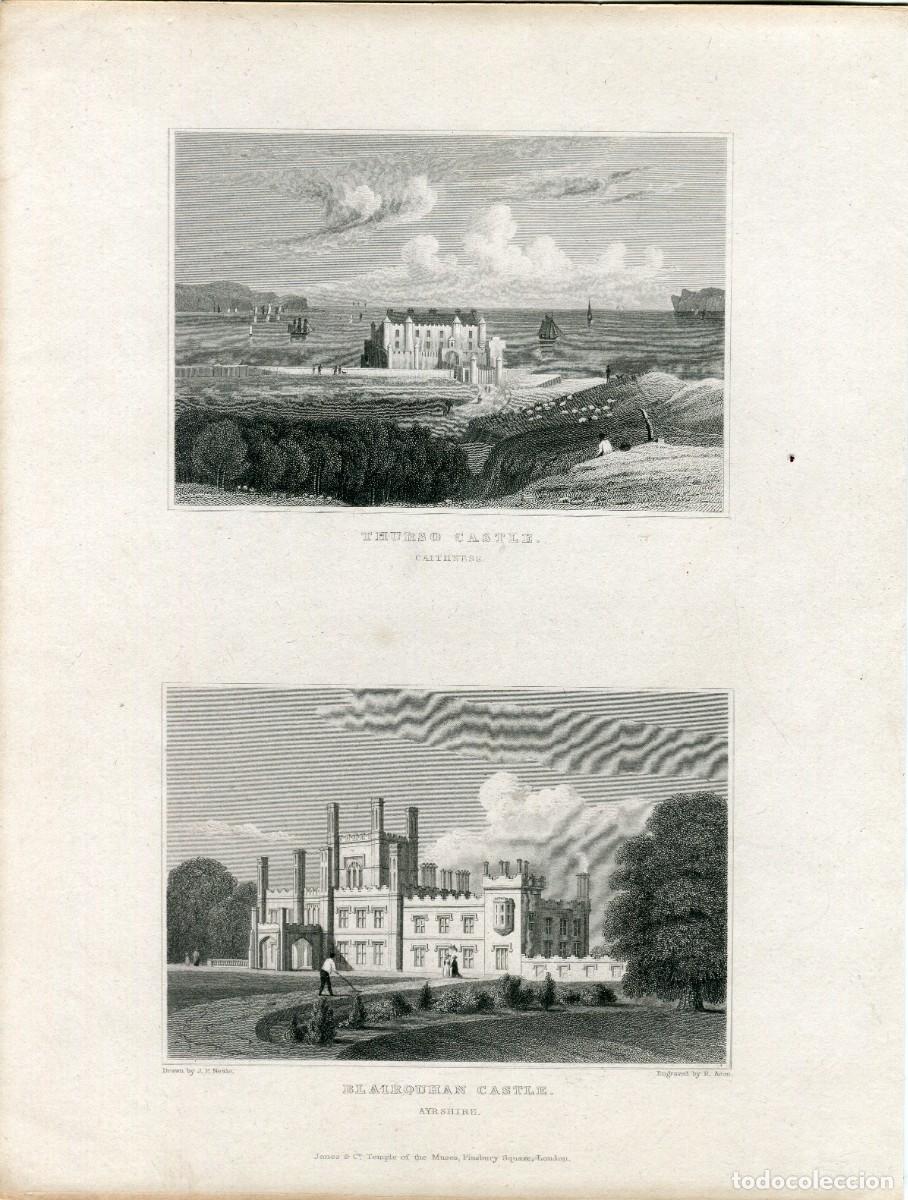 Art: Escocia. Ayrshire.Thurso castle. Pareja de grabadosrabado, 1830 por R. Acon.