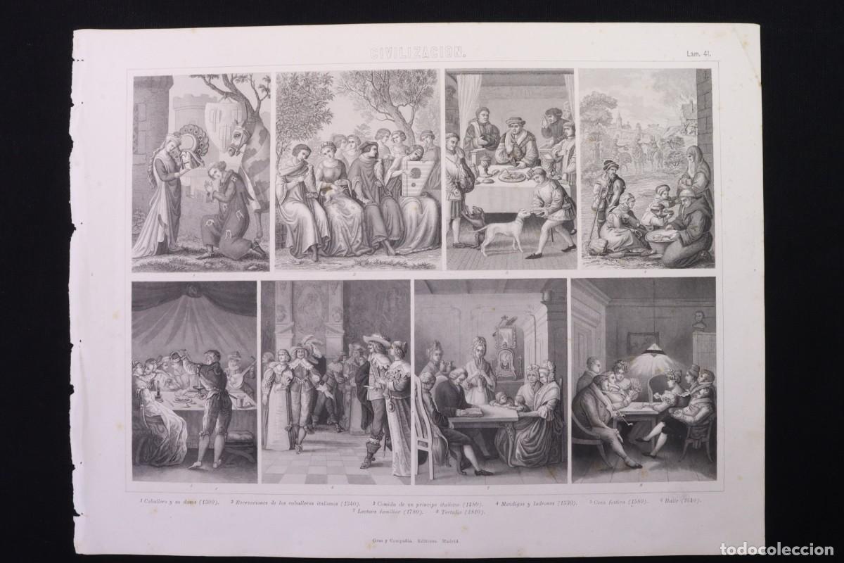 Kunst: Grabado Civilizaci&oacute;n 41 Gras C&ordf;. Mendigos y ladrones en 1530. Baile 1640, tertulia, etc. Engraving