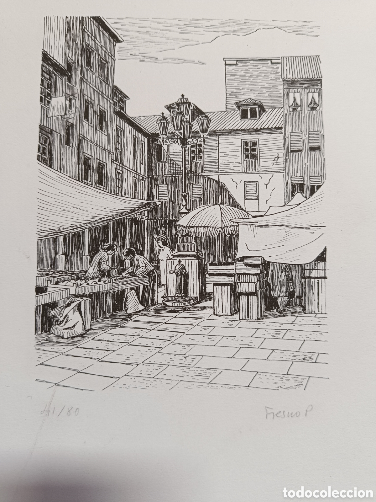 Kunst: Grabado de la Plaza del Font&aacute;n en Oviedo por Fresno Pereiras