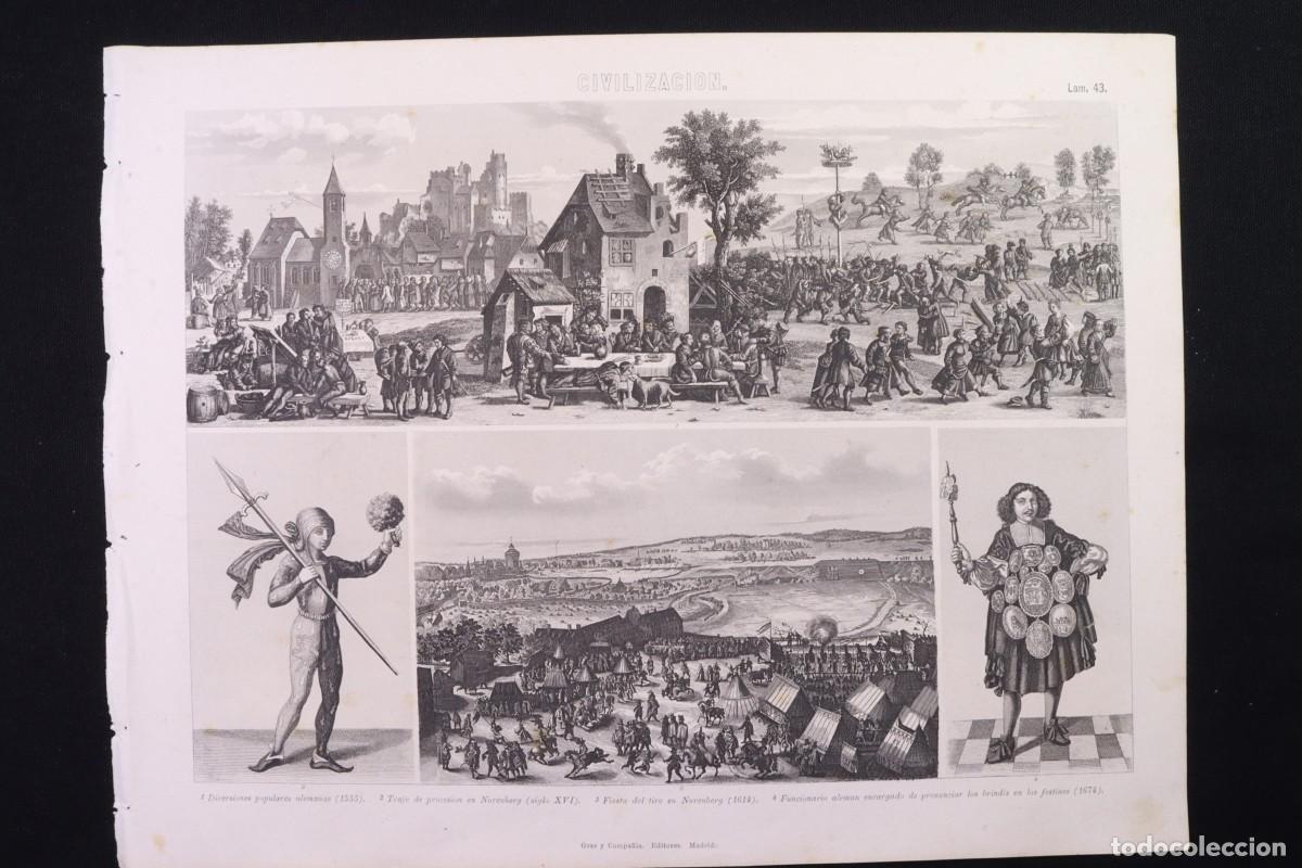 Arte: Grabado Civilizaci&oacute;n 43 Gras C&ordf;. Fiesta del tiro Nuremberg, 1614. Engraving. Shooting party Nurember