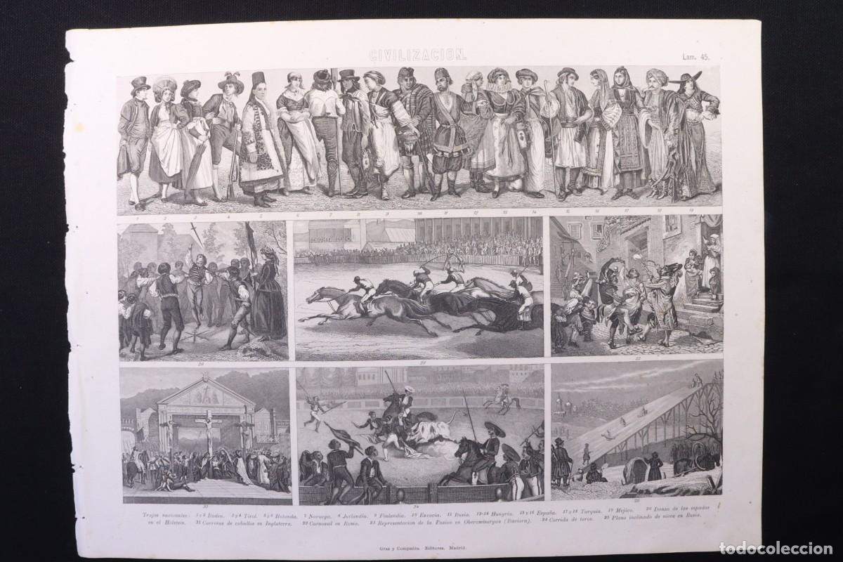 Art: Grabado Civilizaci&oacute;n 45 Gras C&ordf; Trajes regionales, corrida de toros, carnaval, etc. Engraving