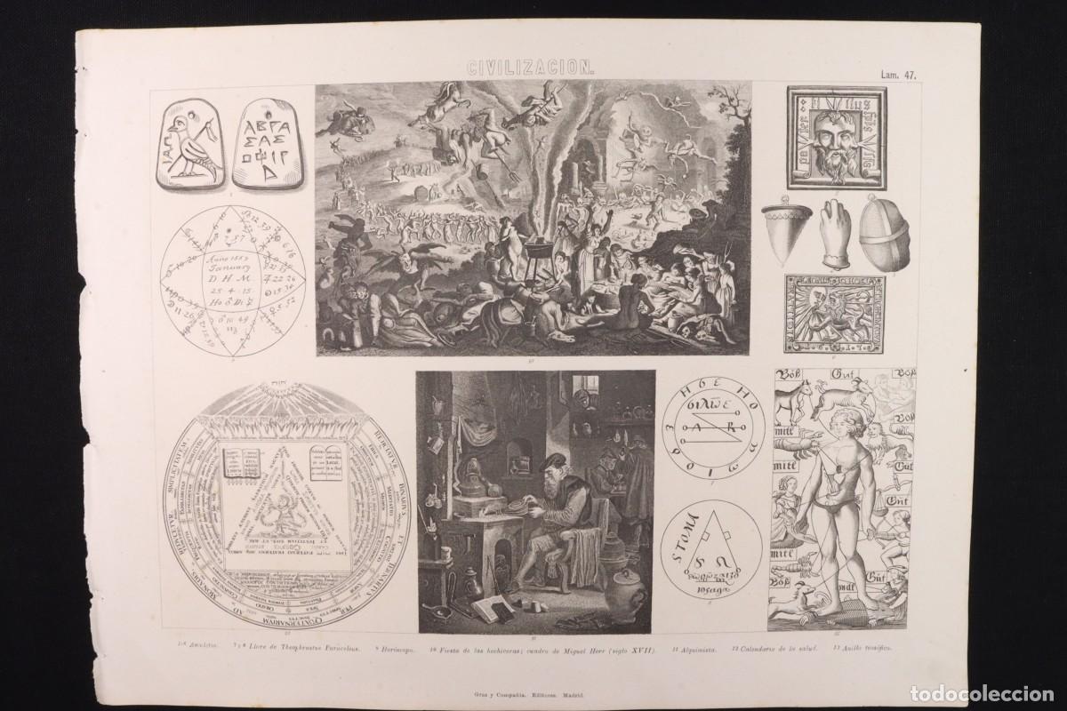 Arte: Grabado Civilizaci&oacute;n 47 Gras C&ordf; Hor&oacute;scopo, magia, hechiceras, etc. Engraving Horoscope, magic, etc.