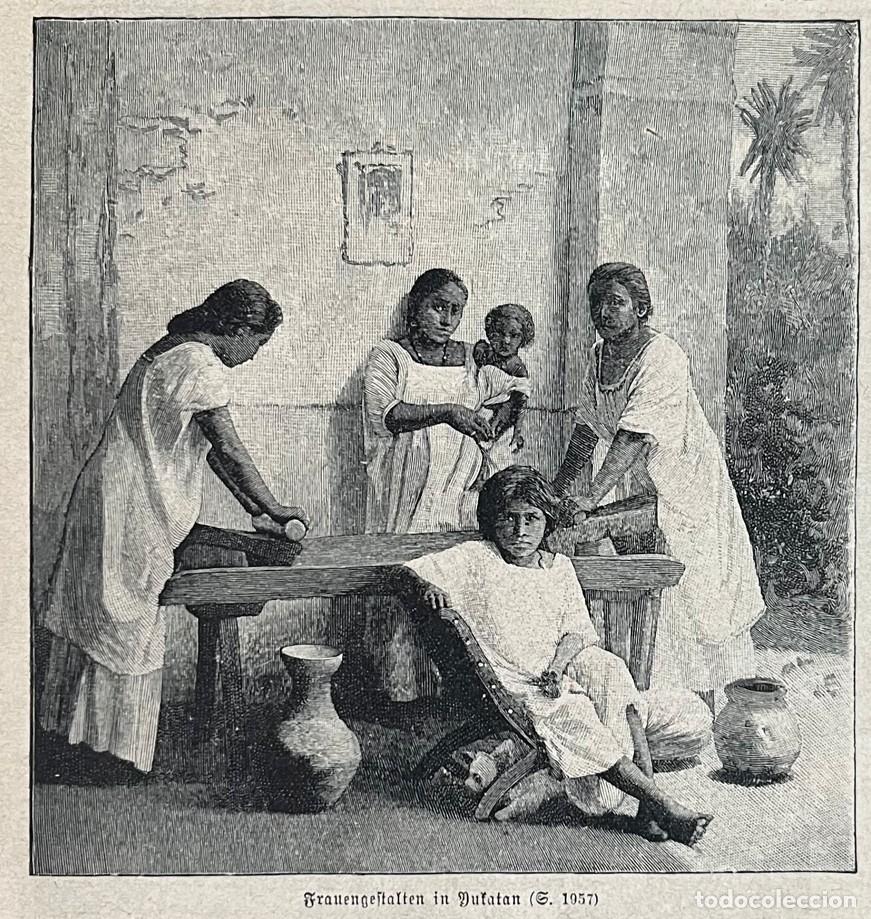 Arte: Casa se&ntilde;orial en M&eacute;rida (Yucat&aacute;n, M&eacute;xico) y mujeres yucatecas trabajando, 1888.