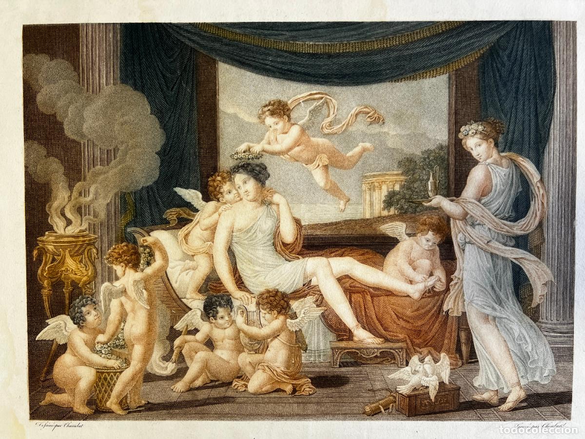 Arte: Le R&eacute;veil de Psych&eacute; , de Choubard 1807 - 1830 , Leopold Massard , grabado iluminado de &eacute;poca