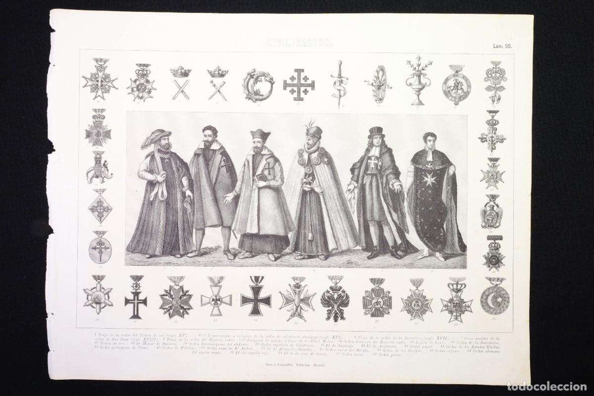 Kunst: Grabado Civilizaci&oacute;n 50 Gras Insignias y trajes de ordenes antiguas Toison, serafin, jarretiera, etc