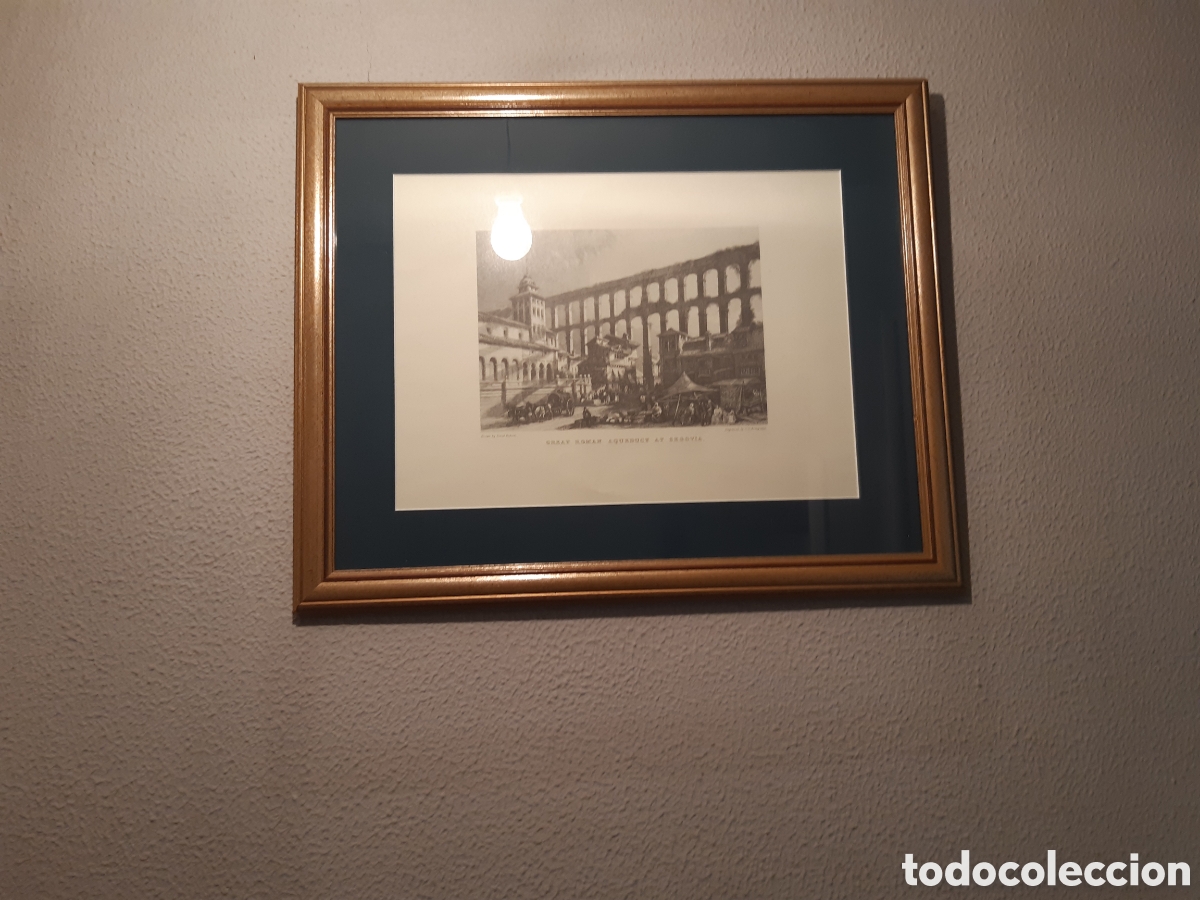 Kunst: Grabado del acueducto de Segovia enmarcado en oro viejo y con paspart&uacute; azul