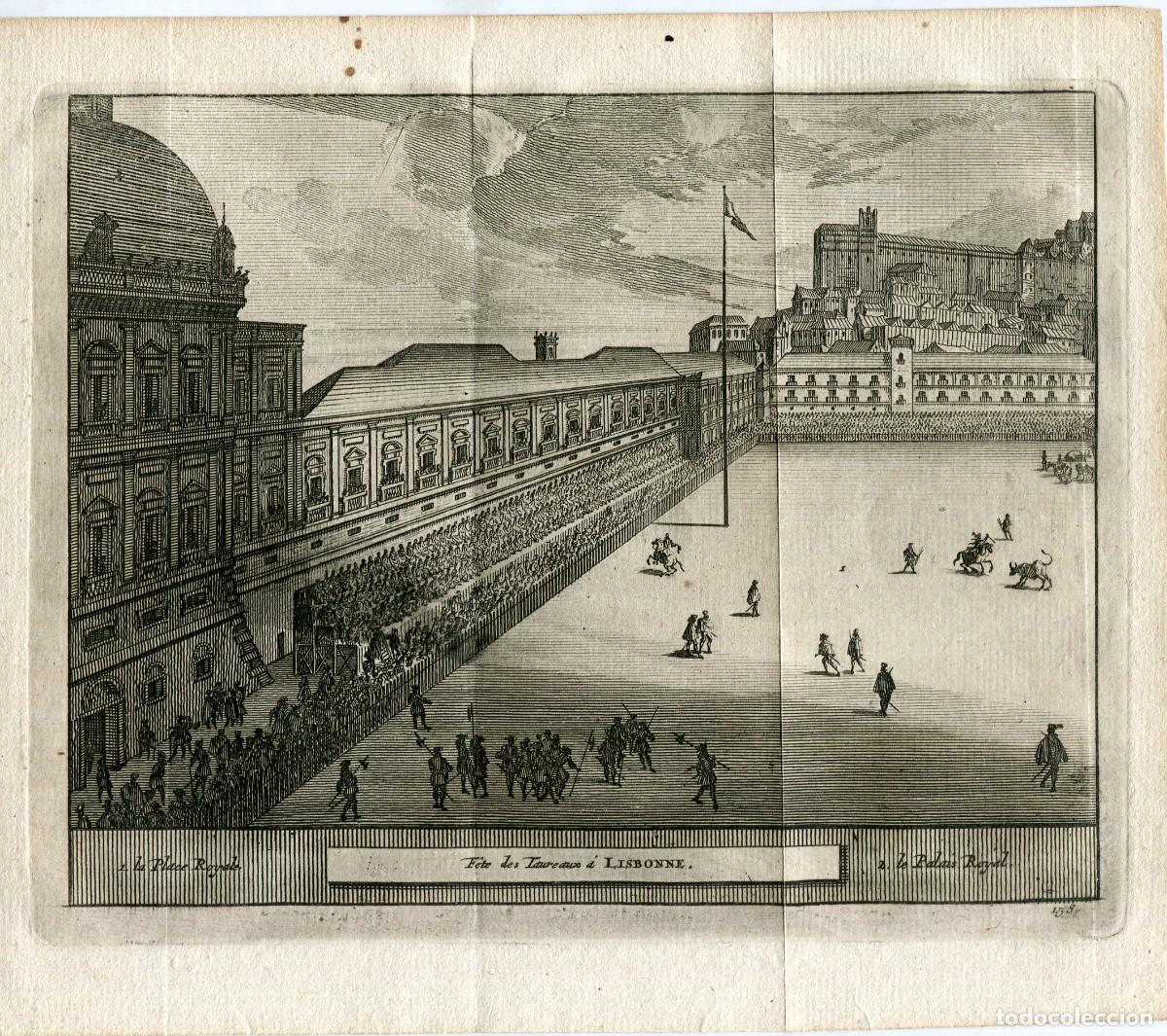 Arte: Fiesta de toros en Lisboa - Grabado original de Van der Aa - 1715 - Foto 1