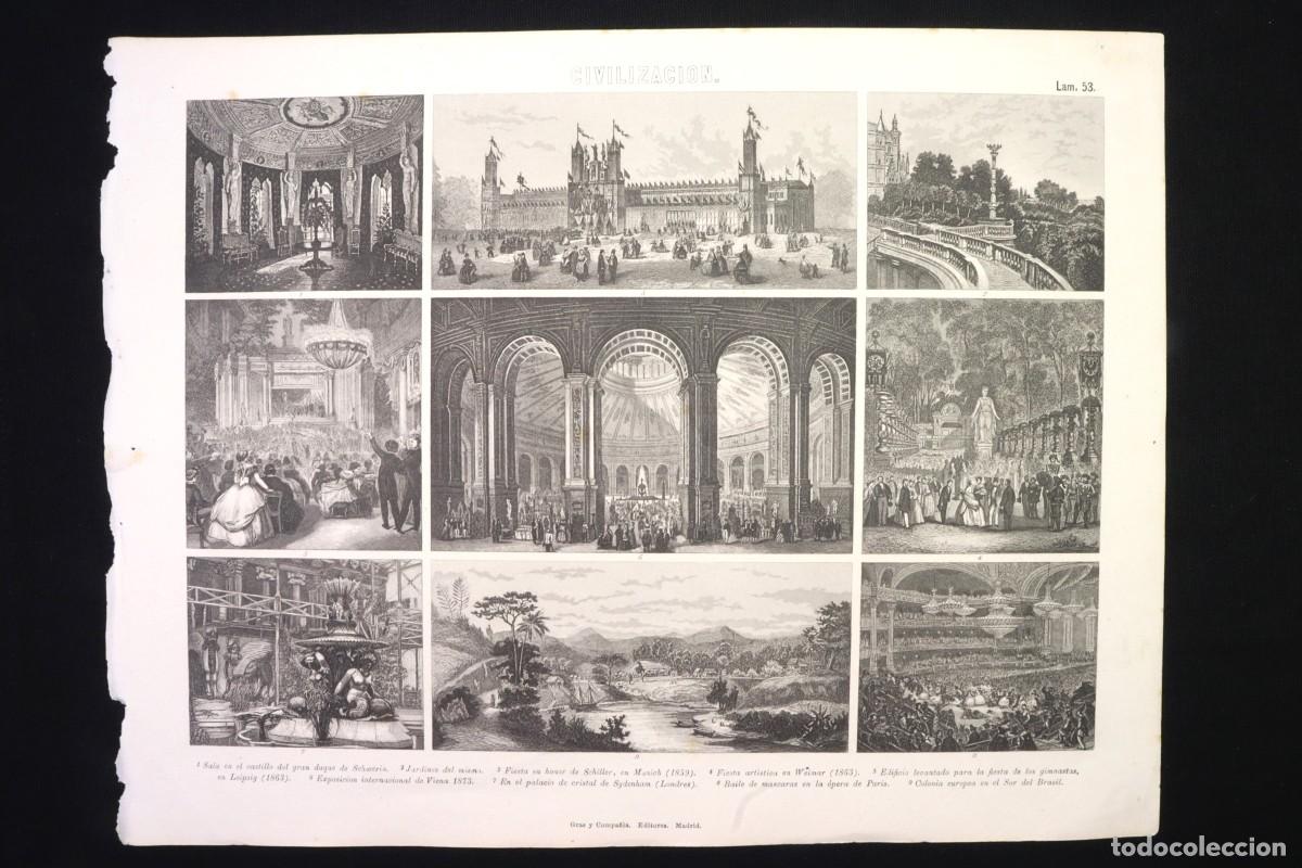 Kunst: Grabado Civilizaci&oacute;n 53 Gras. Baile m&aacute;scaras Par&iacute;s. Palacio cristal Londres. Engraving Civilization