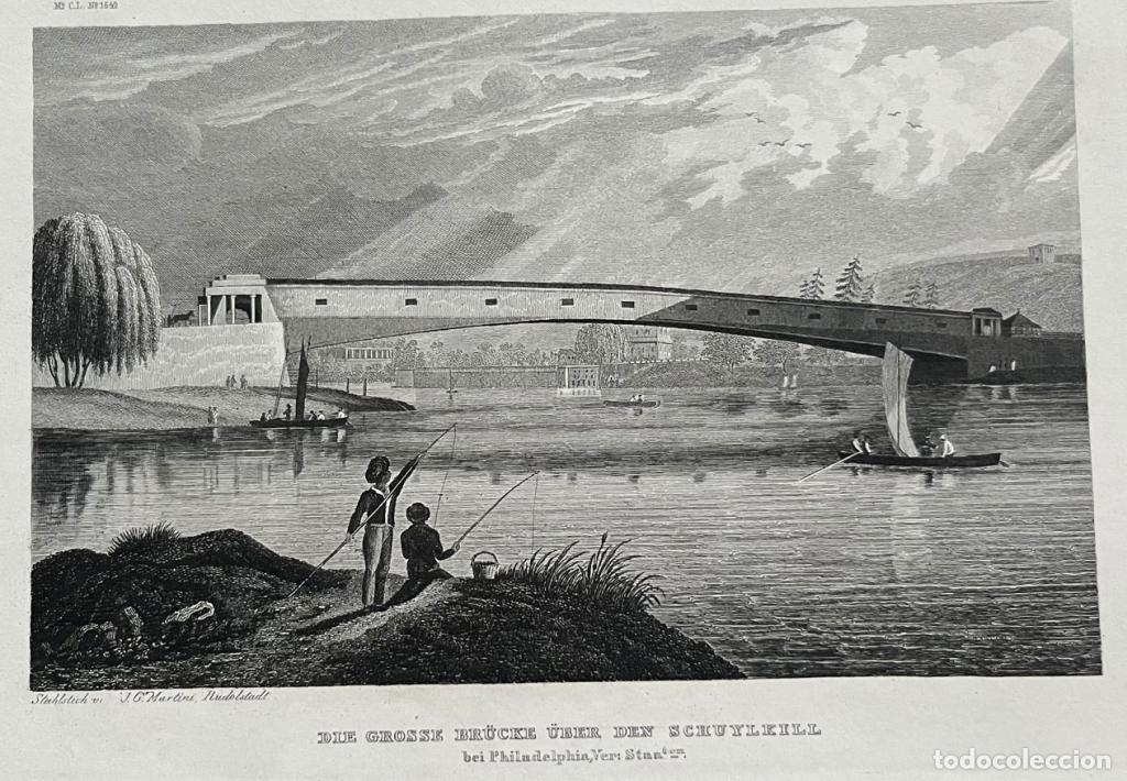 Arte: Vista del r&iacute;o y puente de Schuyykill (Pensilvania, EEUU), hacia 1950. J.G. Martini