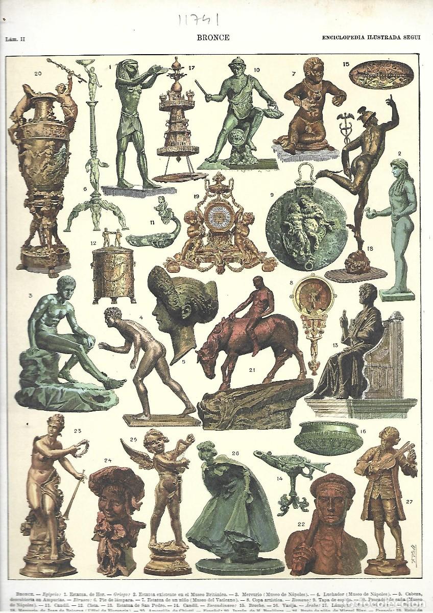 Arte: lamina prox 1910 EDAD DEL BRONCE cascos, flechas, pu&ntilde;ales, vasijas, petos, carros de combate,