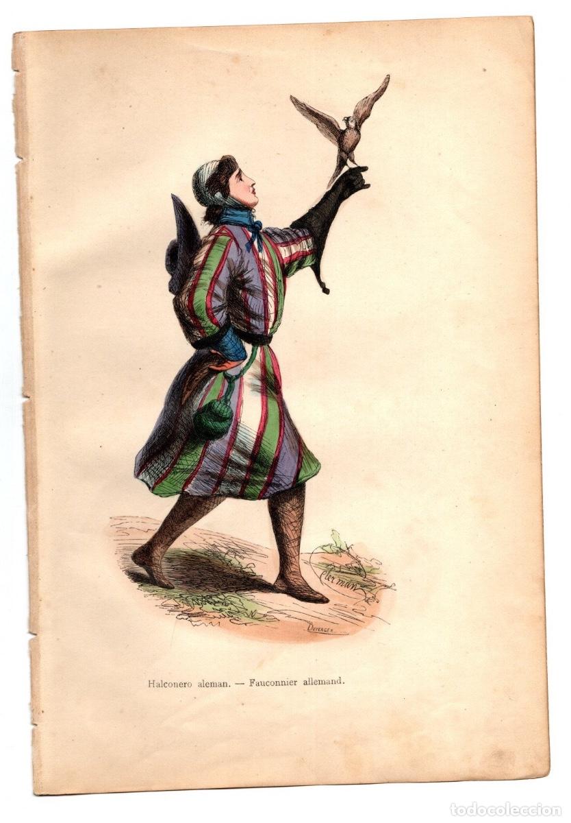 Arte: GRABADO COLOREADO A MANO HALCONERO ALEMAN. TRAGES Y COSTUMBRES DE LA EDAD MEDIA. A&Ntilde;O 1846