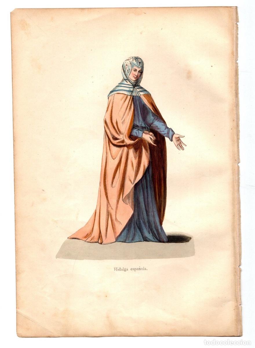 Arte: GRABADO COLOREADO A MANO HIDALGA ESPA&Ntilde;OLA. TRAGES Y COSTUMBRES DE LA EDAD MEDIA, 1846