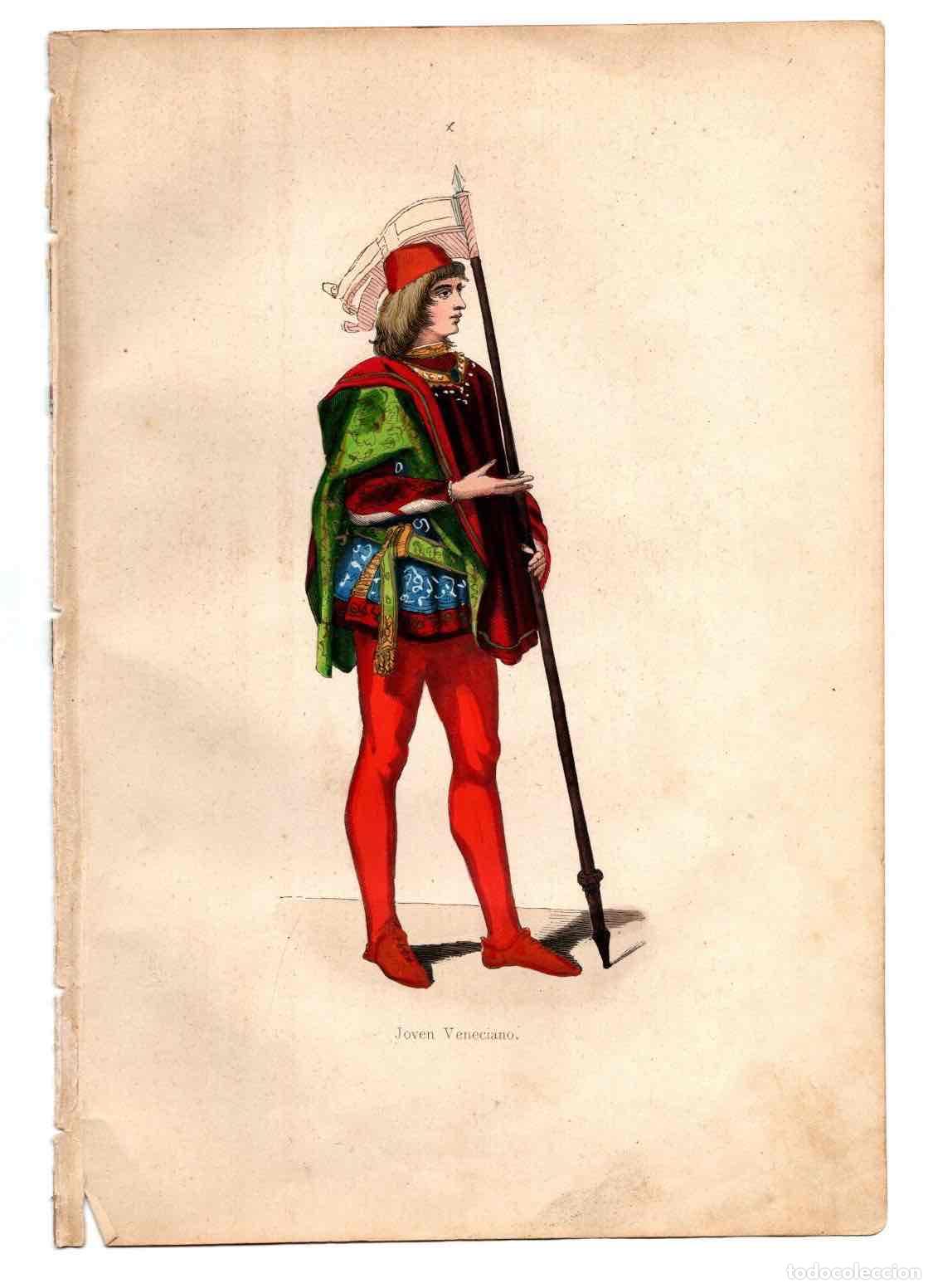 Arte: GRABADO COLOREADO A MANO JOVEN VENECIANO. TRAGES Y COSTUMBRES DE LA EDAD MEDIA, 1846