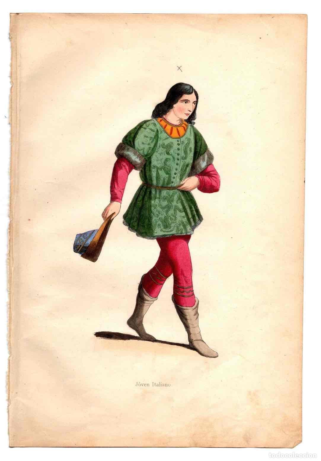 Art: GRABADO COLOREADO A MANO JOVEN ITALIANO. TRAGES Y COSTUMBRES DE LA EDAD MEDIA, 1846