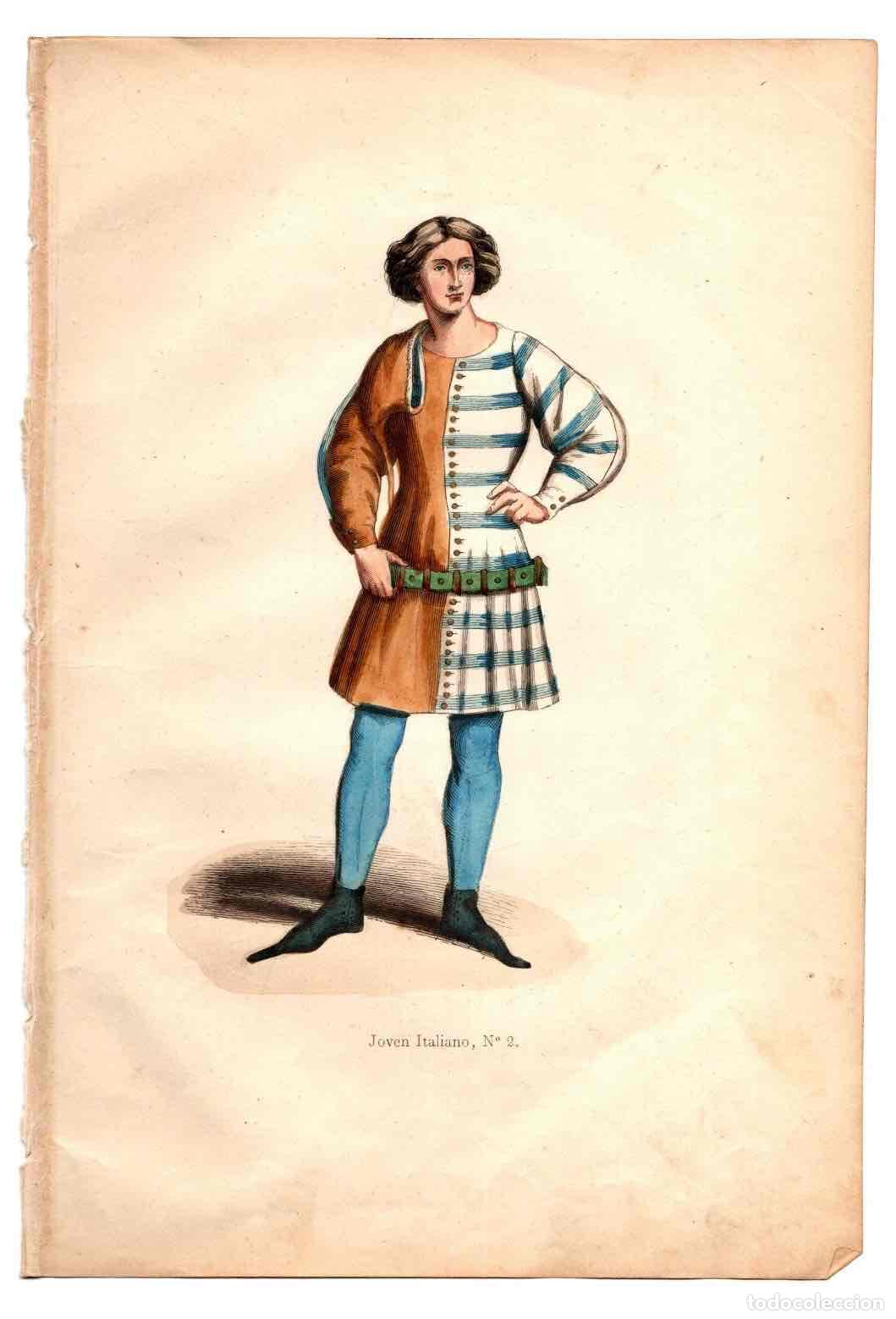 Art: GRABADO COLOREADO A MANO JOVEN ITALIANO. TRAGES Y COSTUMBRES DE LA EDAD MEDIA, 1846