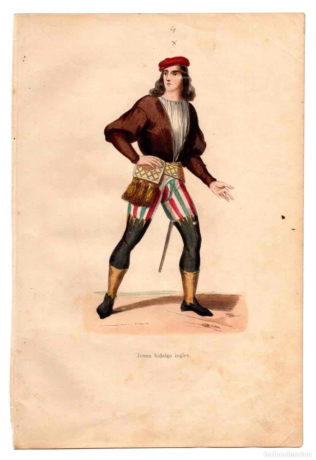 Art: GRABADO COLOREADO A MANO JOVEN HIDALGO INGLES. TRAGES Y COSTUMBRES DE LA EDAD MEDIA, 1846