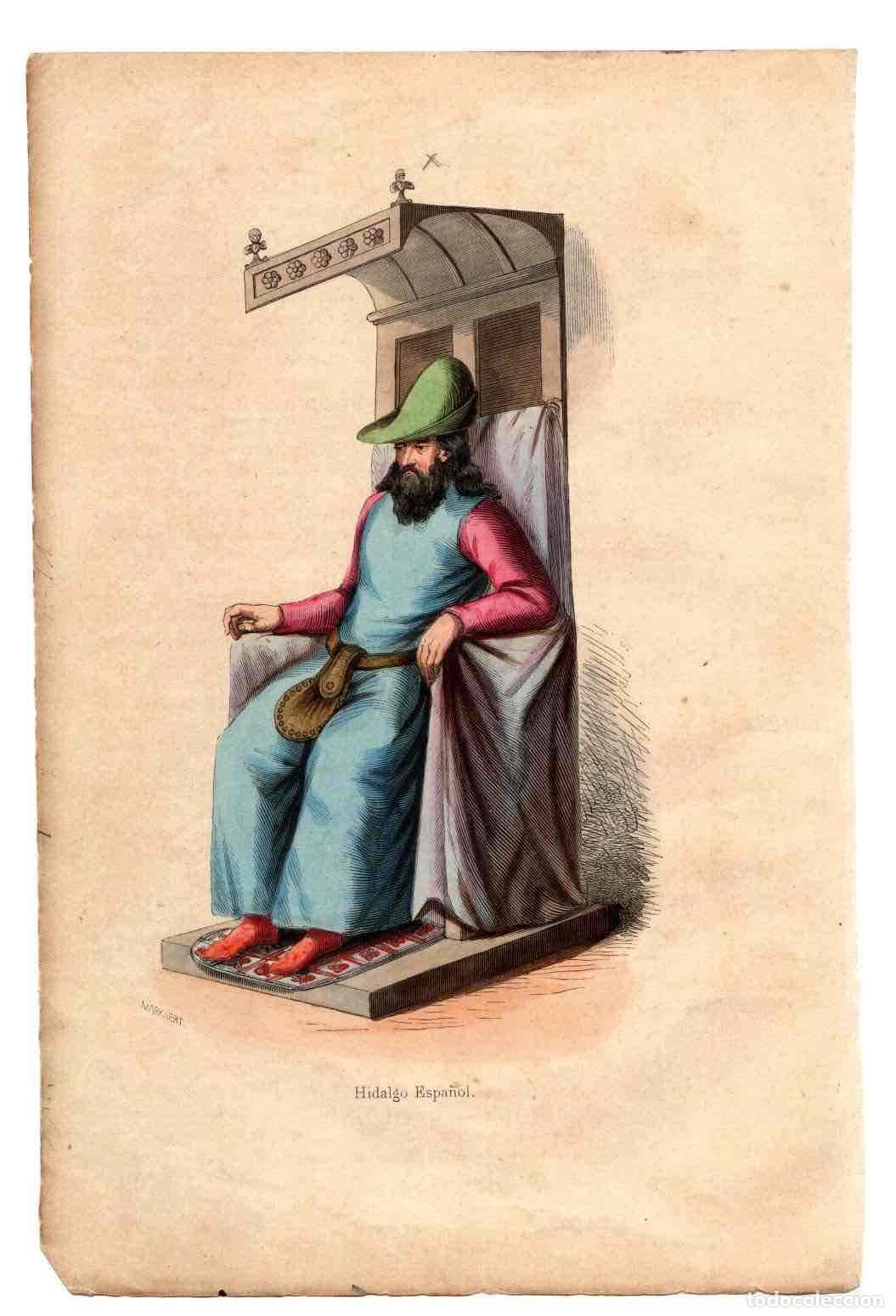 Art: GRABADO COLOREADO A MANO HIDALGO ESPA&Ntilde;OL. TRAGES Y COSTUMBRES DE LA EDAD MEDIA, 1846