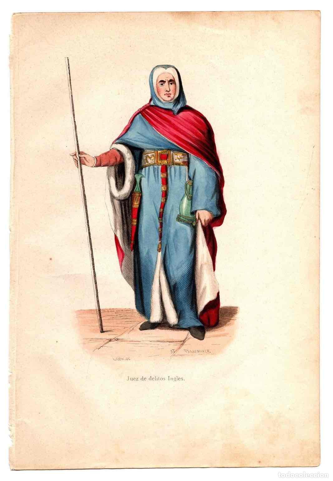 Art: GRABADO COLOREADO A MANO JUEZ DE DELITOS INGLES. TRAGES Y COSTUMBRES DE LA EDAD MEDIA, 1846