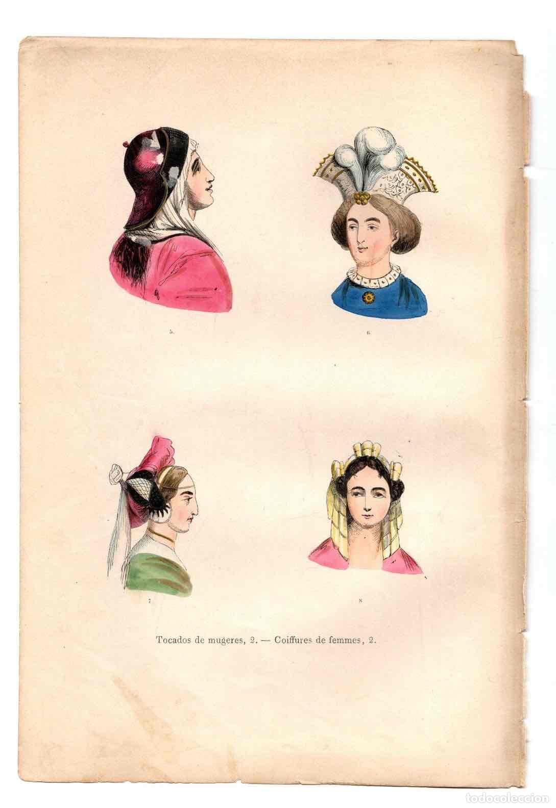 Arte: GRABADO COLOREADO A MANO TOCADOS DE MUJERES. TRAGES Y COSTUMBRES DE LA EDAD MEDIA, 1846