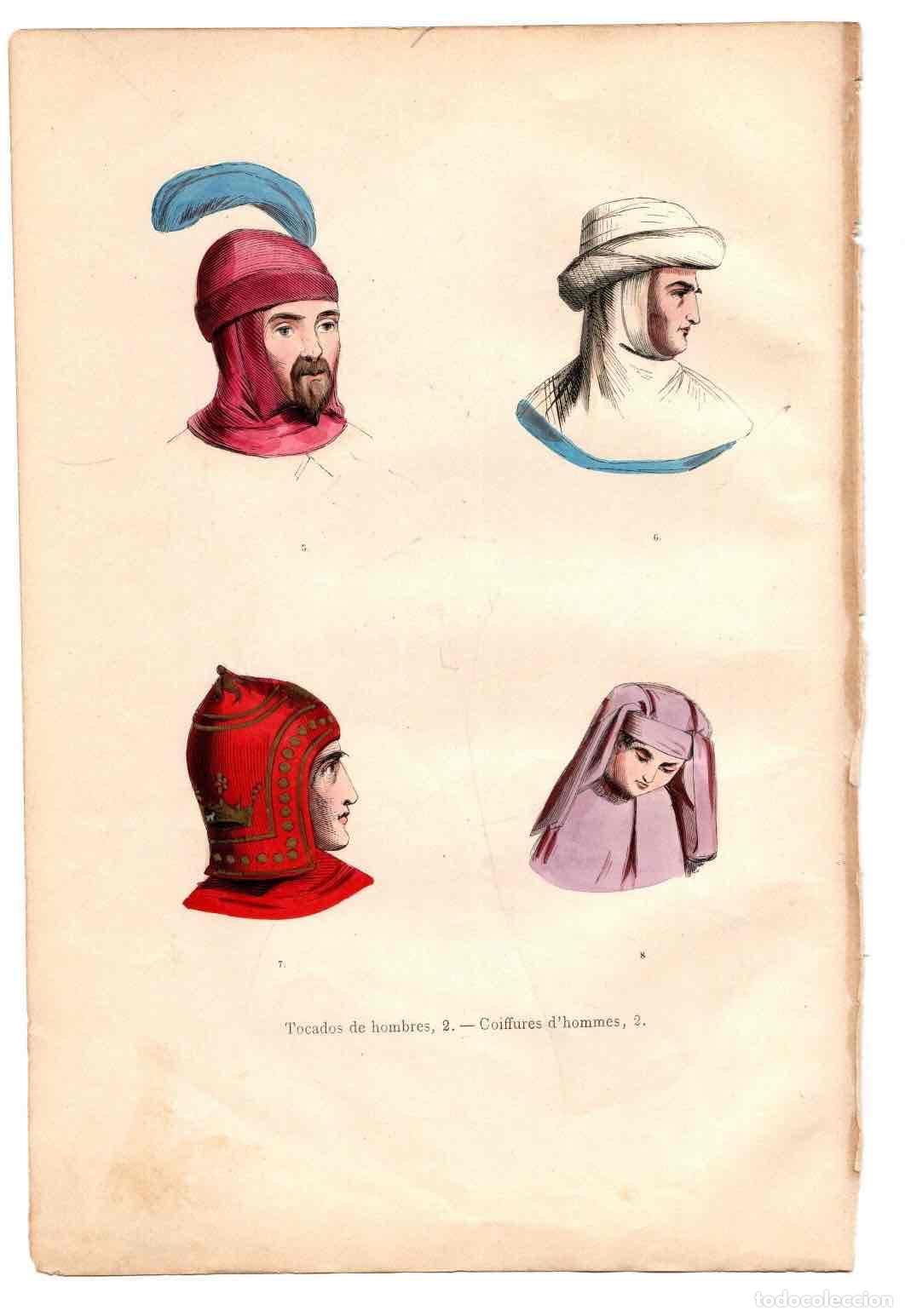 Arte: GRABADO COLOREADO A MANO TOCADOS DE HOMBRES. TRAGES Y COSTUMBRES DE LA EDAD MEDIA, 1846