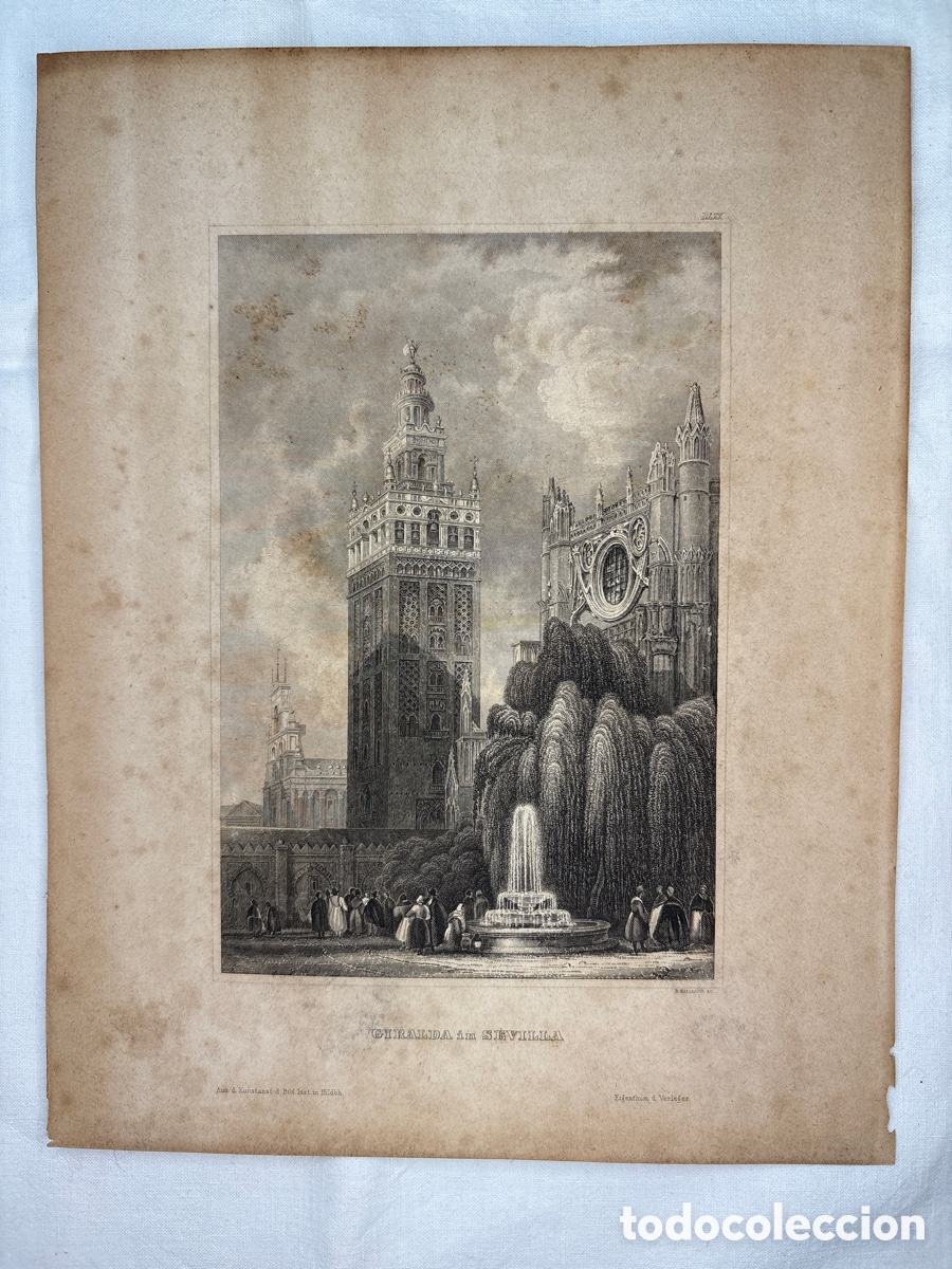 Arte: Grabado antiguo de la Giralda de Sevilla