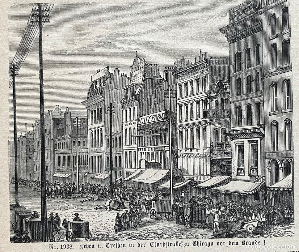 Art: Vista de la calle Clark en Chicago (Illinois, EEUU), 1874. An&oacute;nimo