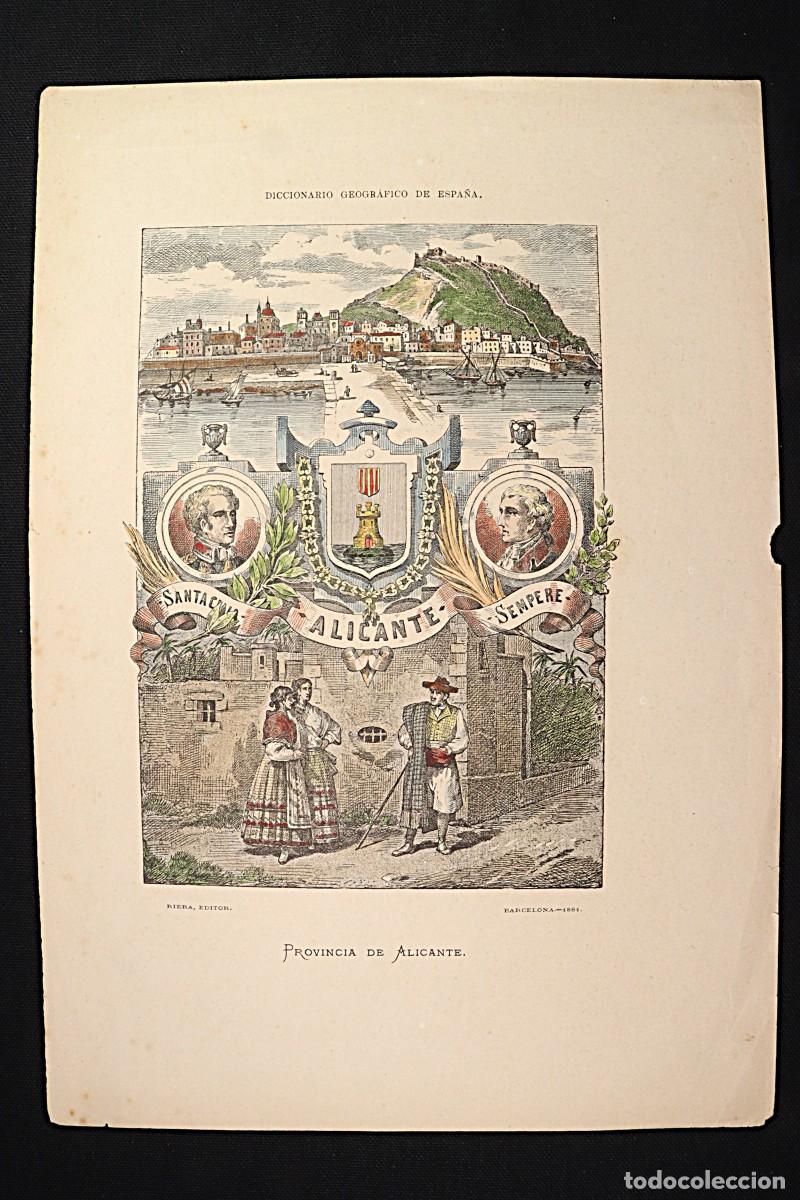 Arte: Grabado Escudo y personajes de la provincia de Alicante. Riera.