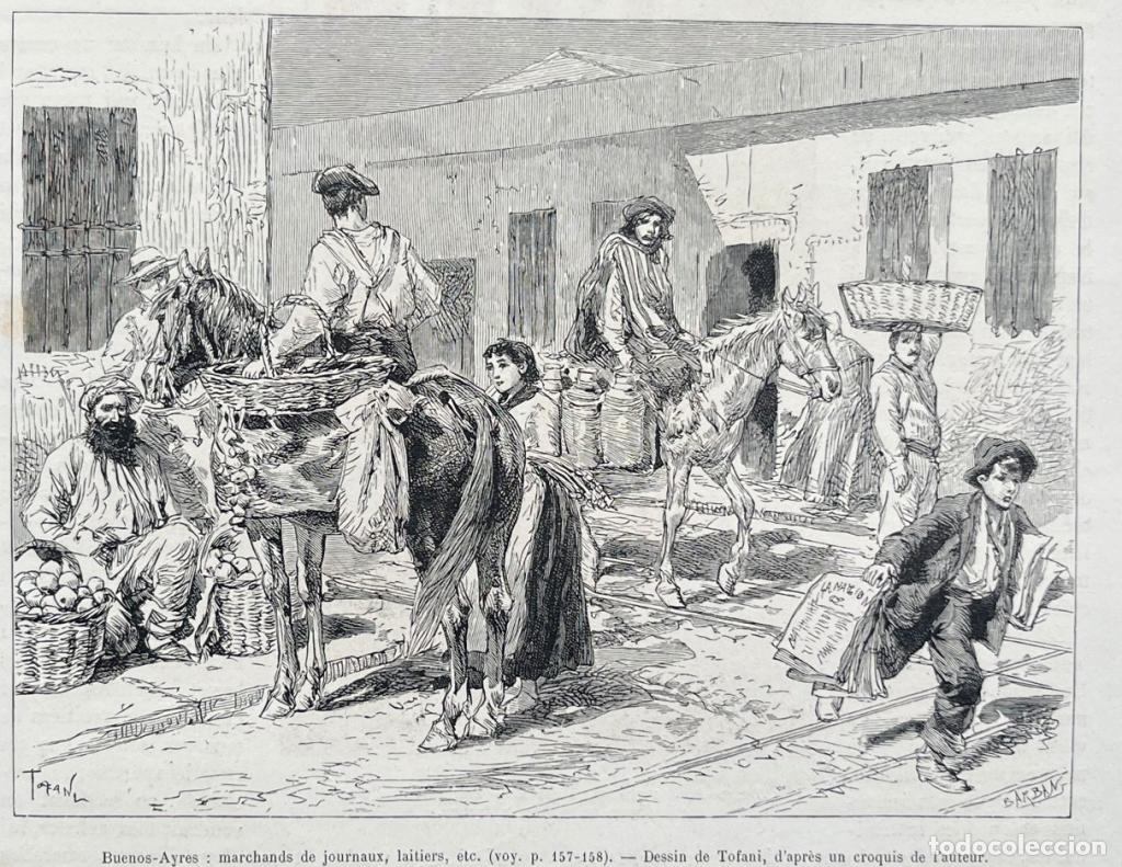 Arte: Vendedores ambulantes y mendigo a caballo en Buenos Aires (Argentina), 1887. Tofani/Barbant/Paris