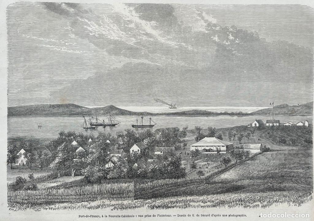 Arte: Vista de Numea en Nueva Caledonia (Ocean&iacute;a, Francia), 1870. E. de Berad