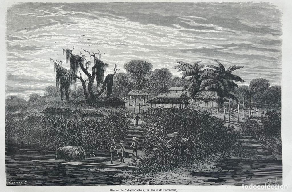 Kunst: Misi&oacute;n de Caballococha (Per&uacute;) y mapa del r&iacute;o Japura (Brasil), 1866. Riou/Mildibrand/Marcoy