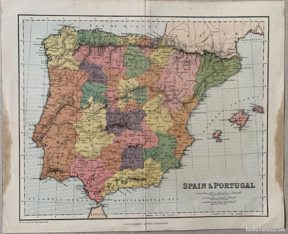 Arte: Mapa de Spain&Portugal grabado en color por Cowan&Speirs, Leith