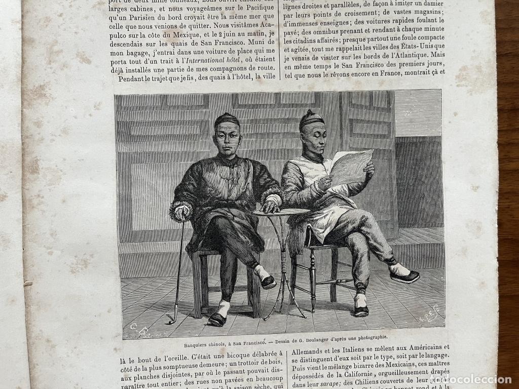 Art: Banqueros chinos de San Francisco y mapa de California (EE.UU), 1862. G. Boulanger/Vuillemin