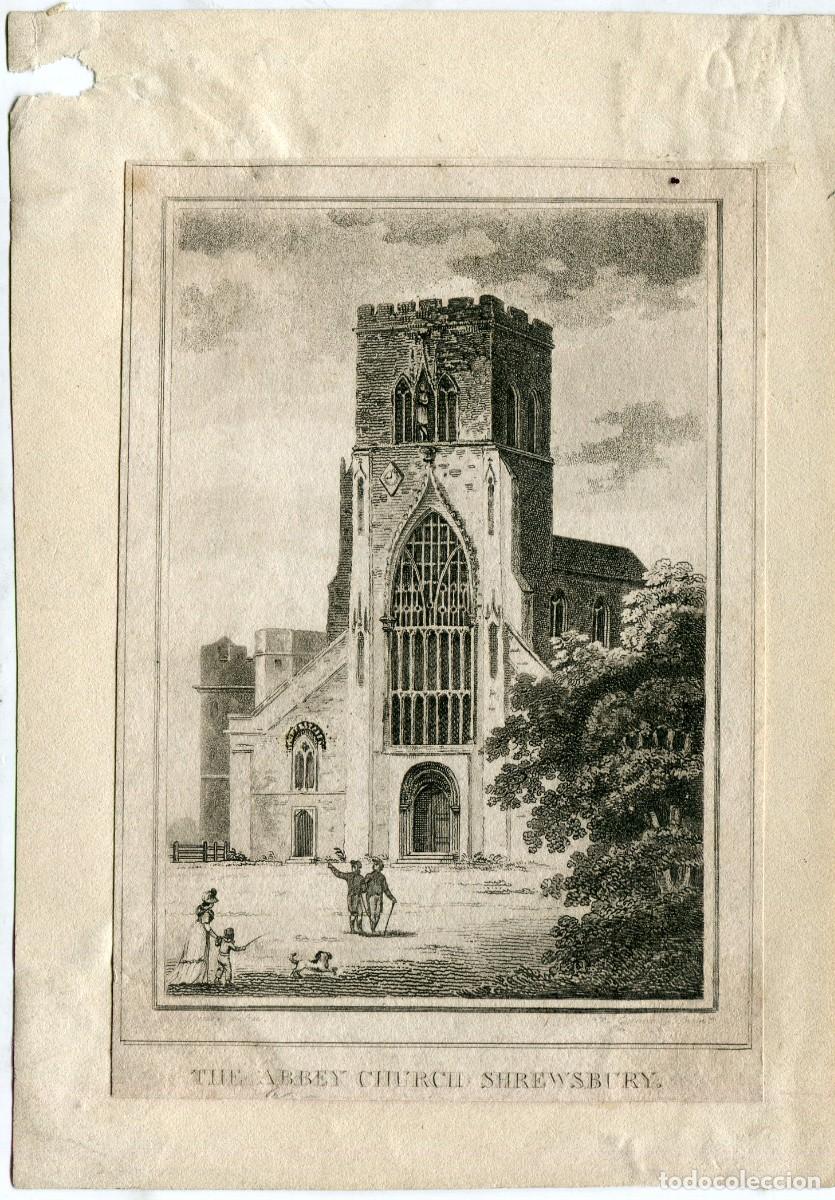 Arte: The Abbey church Shrewsbury grabado siglo XIX