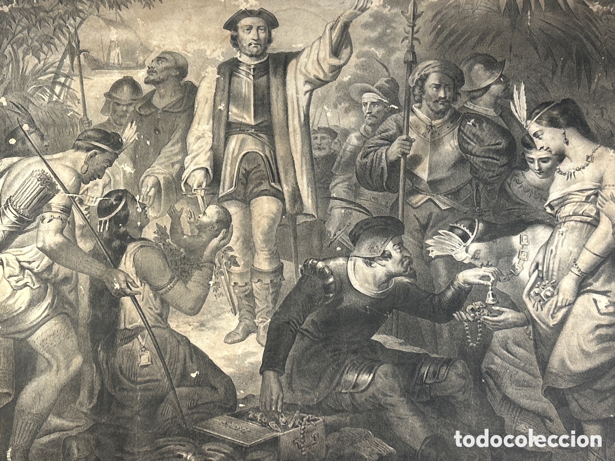 Arte: CRISTOBAL COLON ENTRE LOS INDIOS GRABADO ANTIGUO - Foto 2