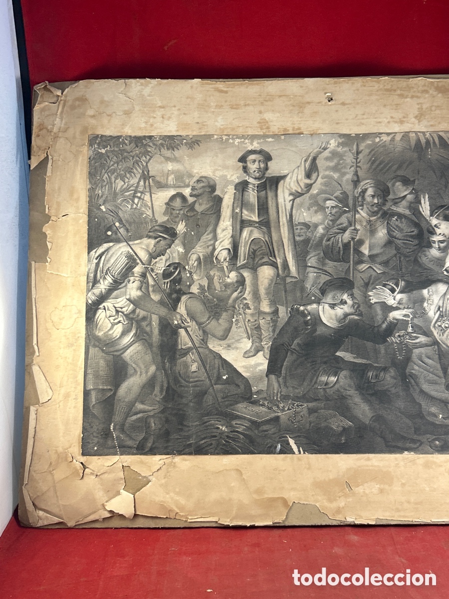Arte: CRISTOBAL COLON ENTRE LOS INDIOS GRABADO ANTIGUO - Foto 3