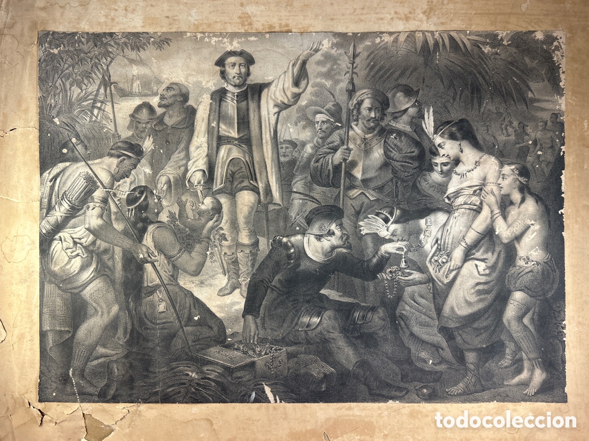Arte: CRISTOBAL COLON ENTRE LOS INDIOS GRABADO ANTIGUO - Foto 4