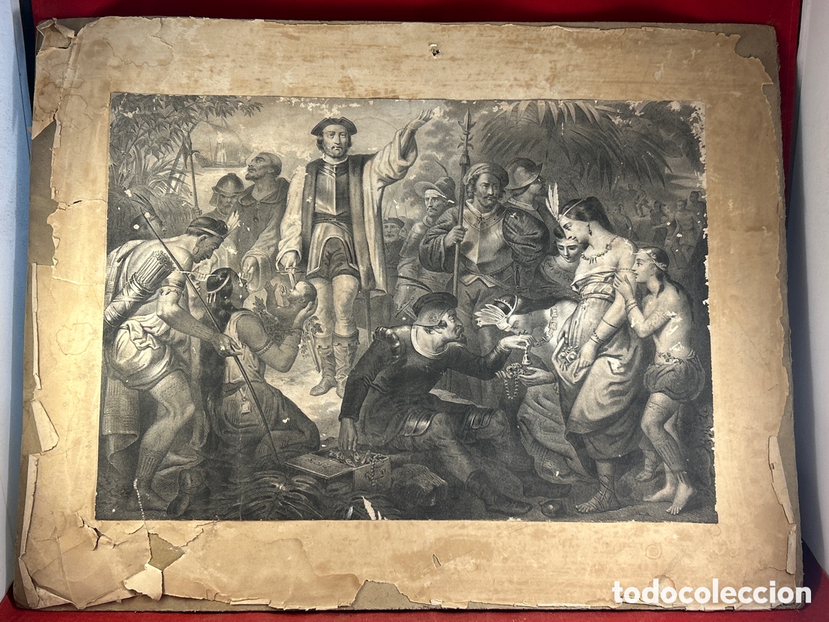 Arte: CRISTOBAL COLON ENTRE LOS INDIOS GRABADO ANTIGUO - Foto 1
