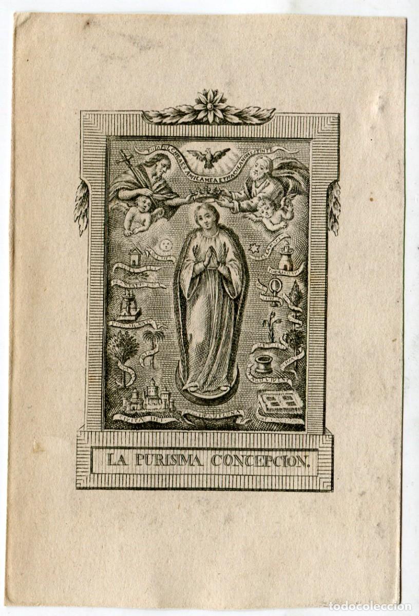 Arte: La Pur&iacute;sima Concepci&oacute;n - Grabado original devocional s. XVIII-XIX - Foto 1