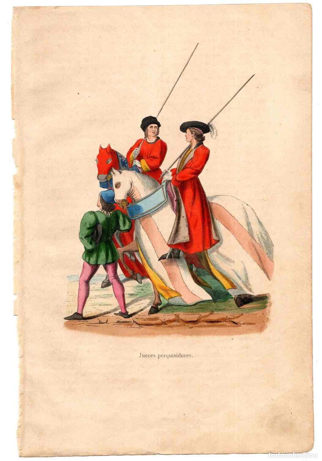 Art: GRABADO COLOREADO A MANO JUECES PERQUISIDORES. TRAGES Y COSTUMBRES DE LA EDAD MEDIA, 1846