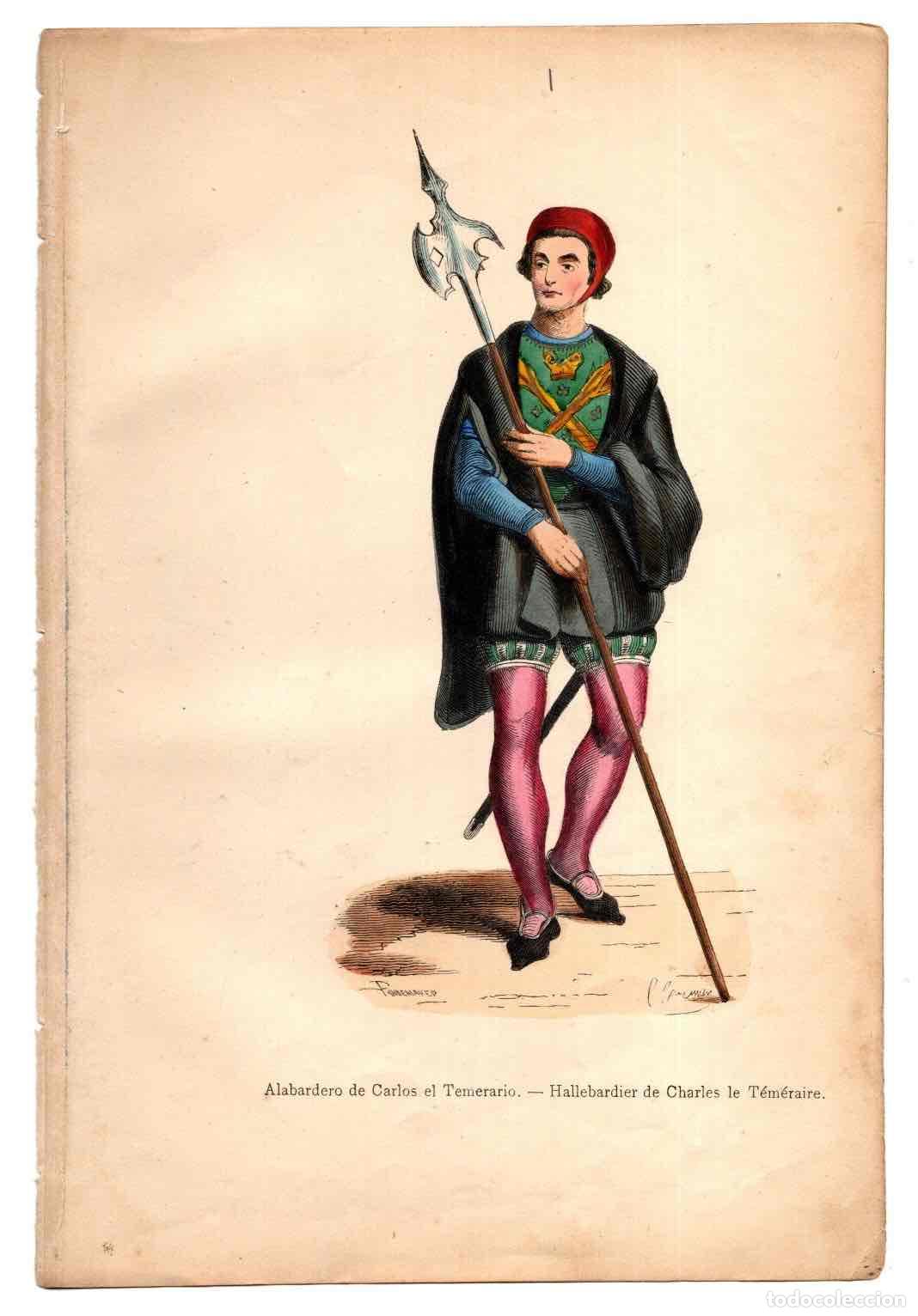 Arte: GRABADO COLOREADO A MANO ALABARDERO DE CARLOS EL TEMERARIO. TRAGES Y COSTUMBRES DE LA EDAD MEDIA