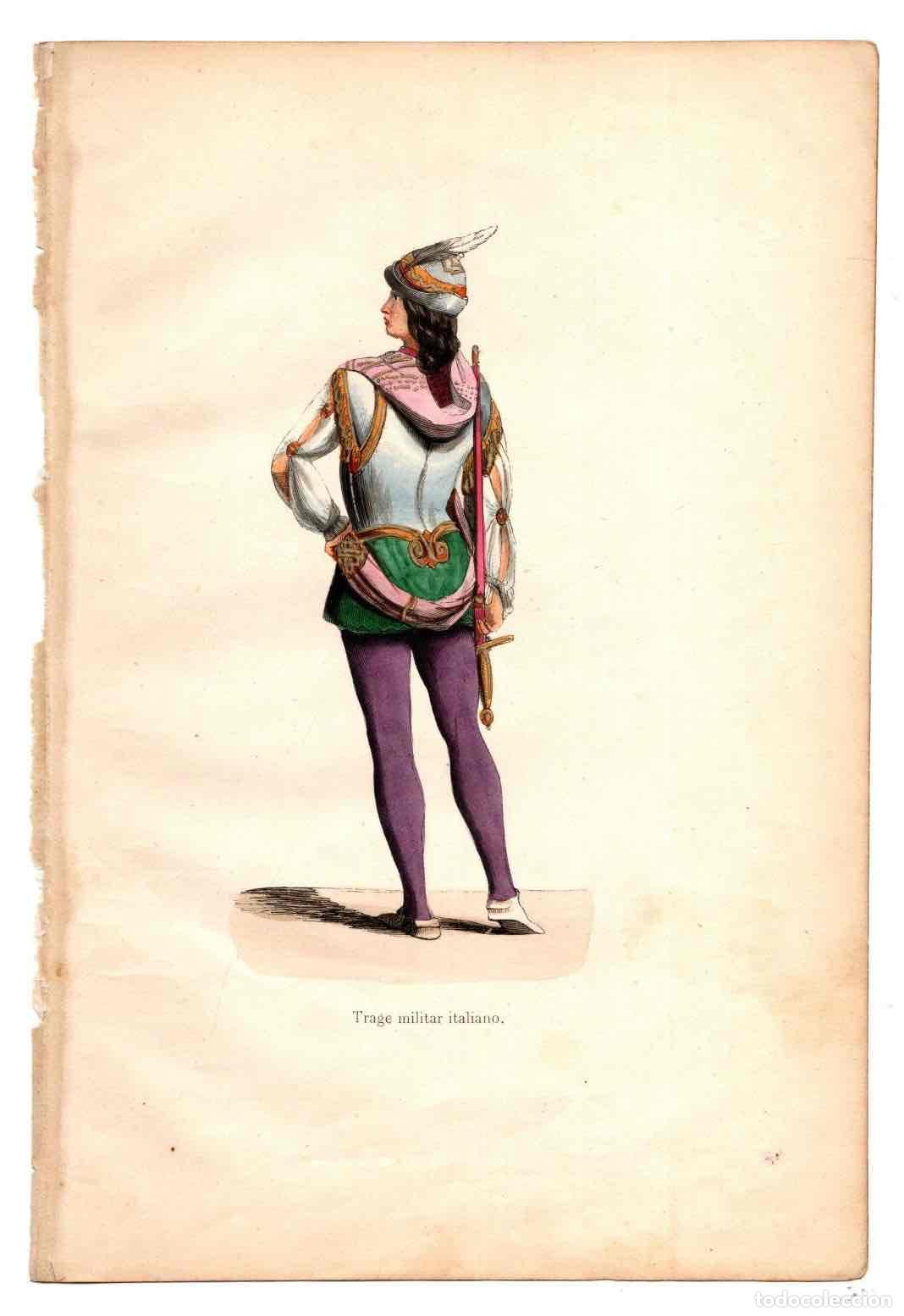 Kunst: GRABADO COLOREADO A MANO TRAGE MILITAR ITALIANO. TRAGES Y COSTUMBRES DE LA EDAD MEDIA 1846