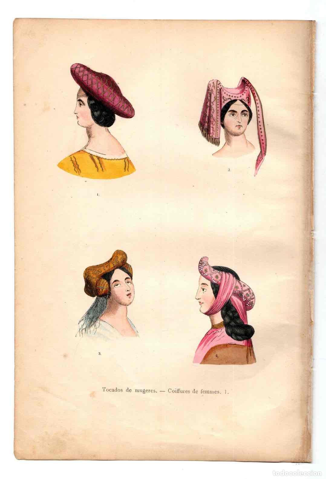 Art: GRABADO COLOREADO A MANO TOCADOS DE MUGERES. TRAGES Y COSTUMBRES DE LA EDAD MEDIA 1846